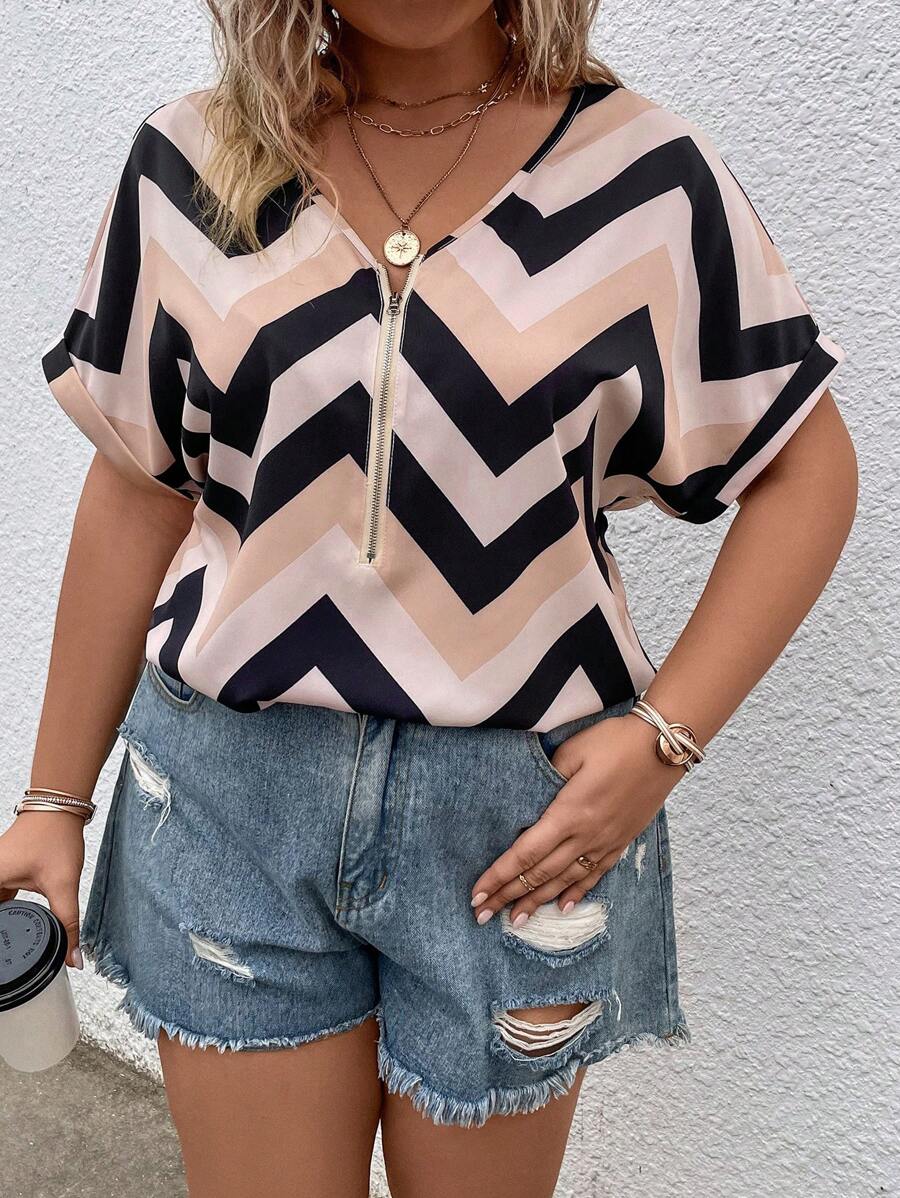 SHEIN LUNE Áo sơ mi Plus Size Dây kéo In chữ V Giải trí - Nhiều màu - Xem 1