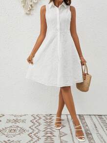 SHEIN Frenchy Solid Button Front Sleeveless Shirt Dress Beach - White - View 4