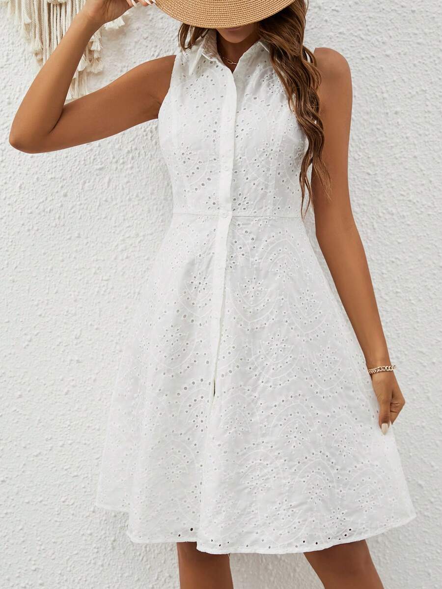 SHEIN Frenchy Solid Button Front Sleeveless Shirt Dress Beach - White - View 1
