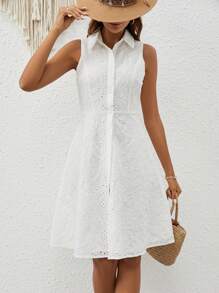 SHEIN Frenchy Solid Button Front Sleeveless Shirt Dress Beach - White - View 5