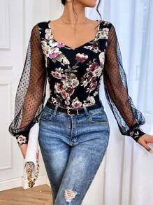 SHEIN Privé Floral Print Contrast Mesh Lantern Sleeve Sweetheart Neck Top - Multicolor - View 2