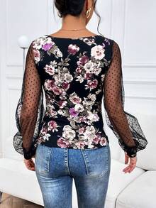 SHEIN Privé Floral Print Contrast Mesh Lantern Sleeve Sweetheart Neck Top - Multicolor - View 3