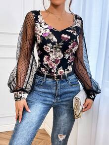 SHEIN Privé Floral Print Contrast Mesh Lantern Sleeve Sweetheart Neck Top - Multicolor - View 4