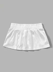 SHEIN ICON 字母補丁細節褶皺細節緞面半身裙 - 白色 - 查看 2