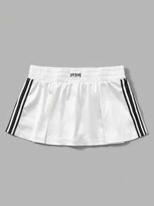 SHEIN ICON 字母補丁細節褶皺細節緞面半身裙 - 白色 - 查看 3