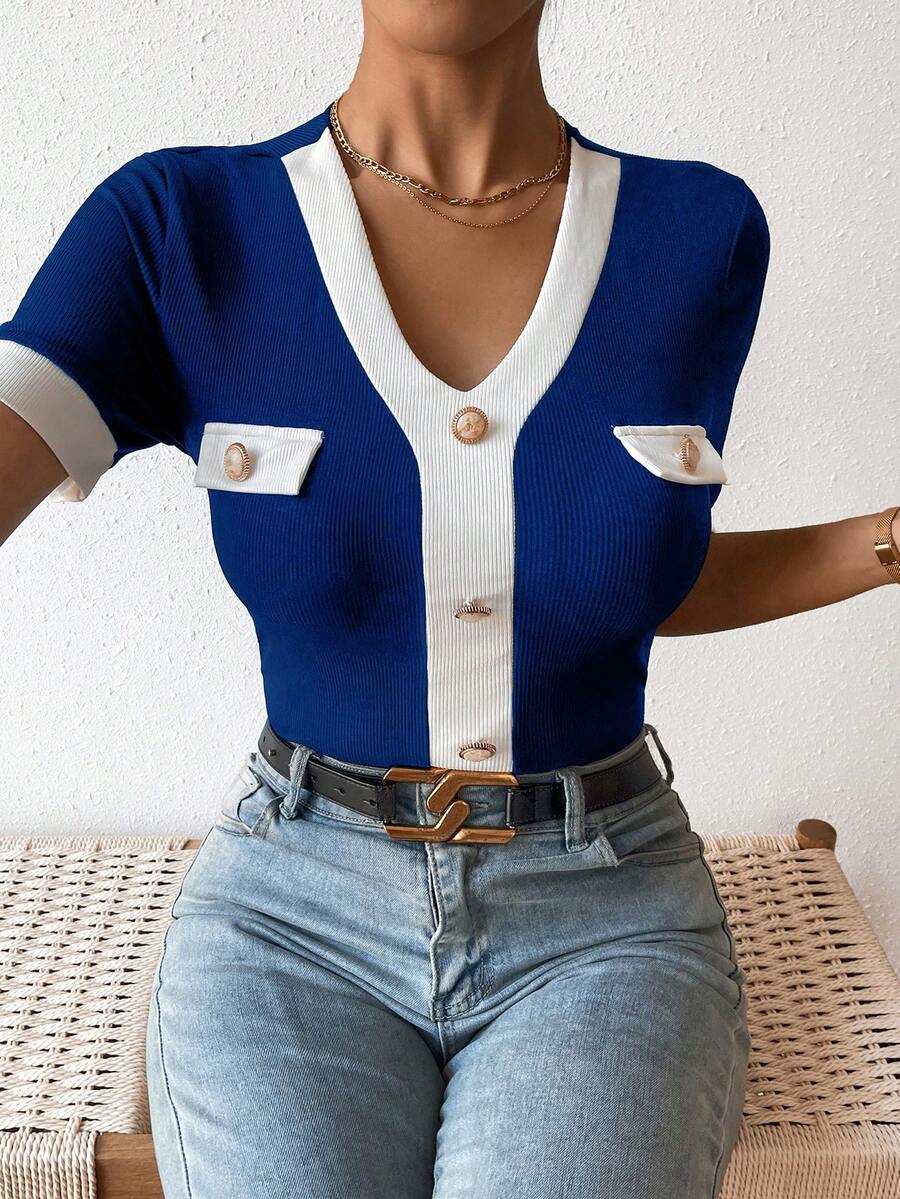 SHEIN Privé 拼接邊紐扣細節T恤 - 藍白色 - 查看 1
