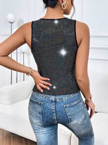 SHEIN Privé Metallic Tank Top - Black - View 3