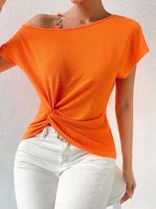 SHEIN Privé Chain Detail Asymmetrical Neck Twist Front Waffle Knit Tee - Orange - View 3