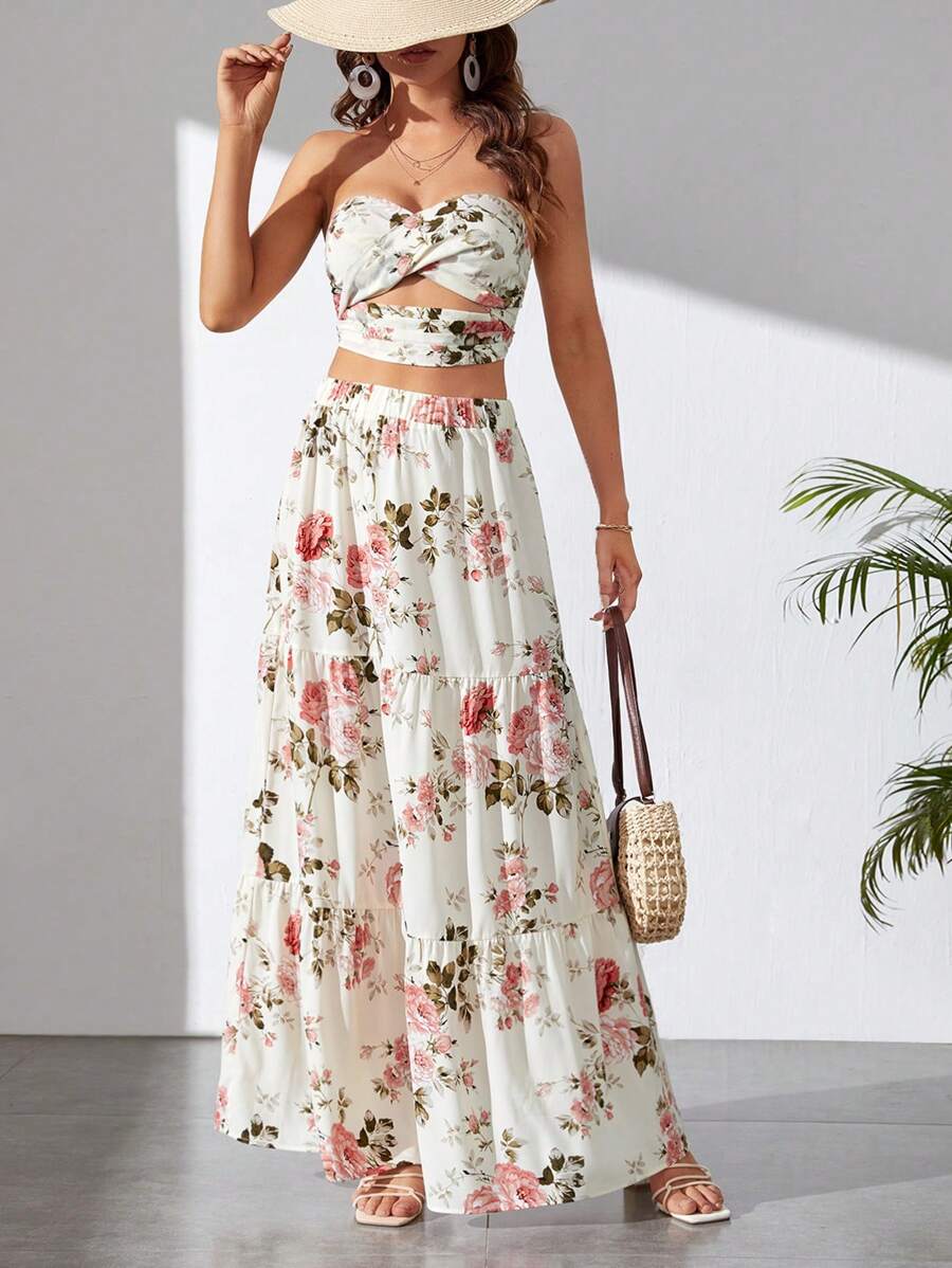 SHEIN Tall Floral Print Tube Top & Ruffle Hem Skirt