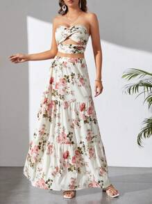 SHEIN Tall Floral Print Tube Top & Ruffle Hem Skirt