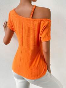 SHEIN Privé Chain Detail Asymmetrical Neck Twist Front Waffle Knit Tee - Orange - View 2