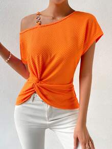 SHEIN Privé Chain Detail Asymmetrical Neck Twist Front Waffle Knit Tee - Orange - View 1