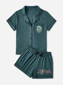 Harry Potter | ROMWE Letter Graphic Contrast Piping PJ Set, School - Dark Green - View 4
