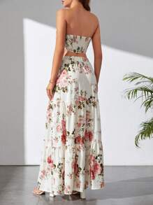 SHEIN Tall Floral Print Tube Top & Ruffle Hem Skirt