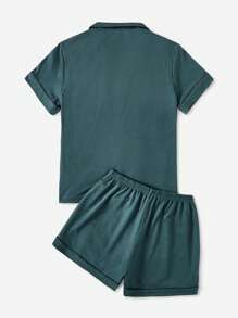 Harry Potter | ROMWE Letter Graphic Contrast Piping PJ Set, School - Dark Green - View 2