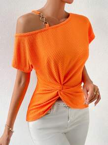 SHEIN Privé Chain Detail Asymmetrical Neck Twist Front Waffle Knit Tee - Orange - View 4