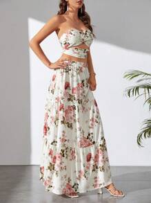 SHEIN Tall Floral Print Tube Top & Ruffle Hem Skirt