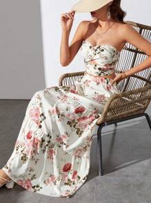 SHEIN Tall Floral Print Tube Top & Ruffle Hem Skirt