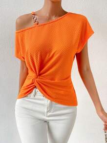SHEIN Privé Chain Detail Asymmetrical Neck Twist Front Waffle Knit Tee - Orange - View 7