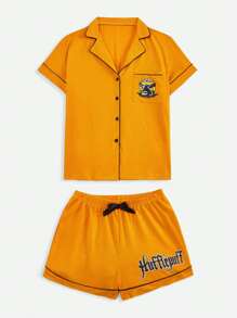 Harry Potter | ROMWE Letter Graphic Contrast Piping PJ Set, School - Orange - View 4