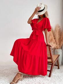 SHEIN LUNE Vestido con cinturón de manga mariposa bajo con fruncido - Rojo - Ver 1