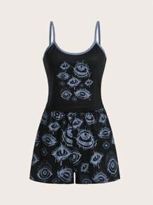 ROMWE Street Life 眼睛圖案撞色滾邊睡衣套裝 - 黑色 - 查看 1
