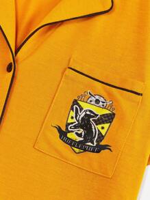 Harry Potter | ROMWE Letter Graphic Contrast Piping PJ Set, School - Orange - View 3