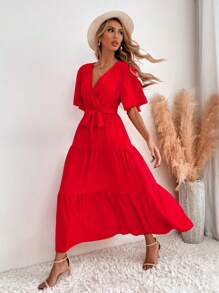 SHEIN LUNE Vestido con cinturón de manga mariposa bajo con fruncido - Rojo - Ver 3