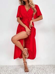 SHEIN LUNE Vestido con cinturón de manga mariposa bajo con fruncido - Rojo - Ver 4