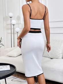 SHEIN Essnce 優雅女士夏季色塊細肩帶修身筆裙套裝 - 白色 - 查看 2