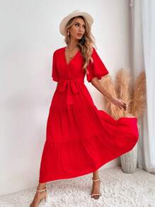 SHEIN LUNE Vestido con cinturón de manga mariposa bajo con fruncido - Rojo - Ver 5