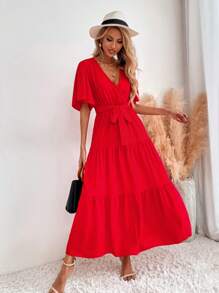 SHEIN LUNE Vestido con cinturón de manga mariposa bajo con fruncido - Rojo - Ver 6