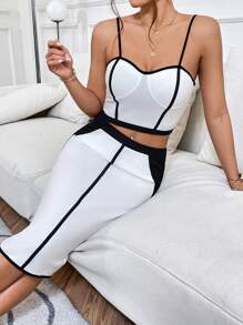 SHEIN Essnce 優雅女士夏季色塊細肩帶修身筆裙套裝 - 白色 - 查看 6