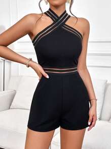 Firerie 網紗拼接十字交叉繞頸連身短褲