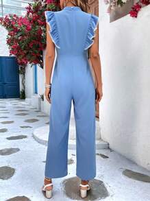 Breezaya 蕾絲拼接荷葉邊闊腿連體褲 - 藍色 - 查看 2