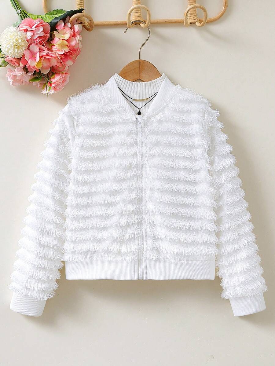 SHEIN Tween Girl 1pc Fuzzy Trim Zipper Bomber Jacket