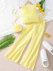 SHEIN Explorewe Tween女孩純色背心和寬腿褲 - 黃色 - 查看 2