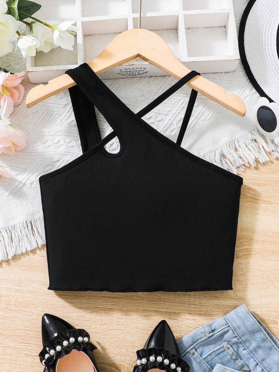 SHEIN Girls Asymmetrical Neck Crop Tank Top - Black - View 1