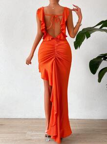 Allurite 後背繫帶褶邊荷葉邊魚尾裙下擺連衣裙 - 橘色 - 查看 1