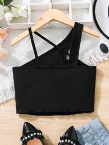 SHEIN Girls Asymmetrical Neck Crop Tank Top - Black - View 2