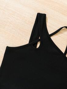 SHEIN Girls Asymmetrical Neck Crop Tank Top - Black - View 4