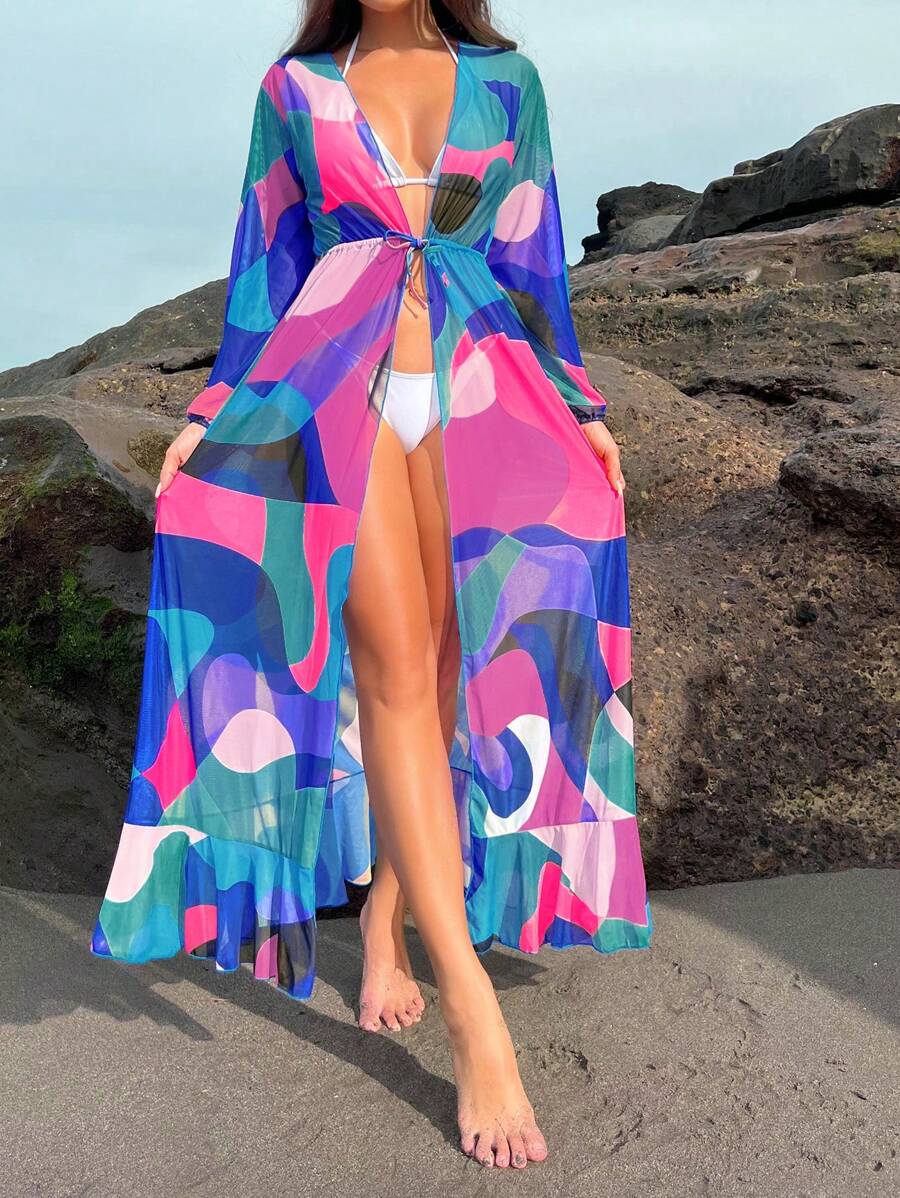 Colour Block Ruffle Hem Kimono - Multicolor - View 1