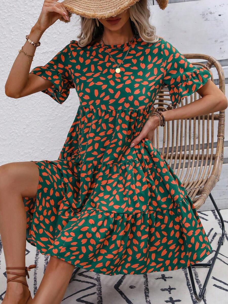 SHEIN LUNE 滿版印花荷葉袖荷葉邊娃娃裙 - 綠色 - 查看 1