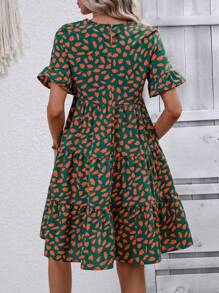 SHEIN LUNE 滿版印花荷葉袖荷葉邊娃娃裙 - 綠色 - 查看 2