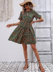 SHEIN LUNE 滿版印花荷葉袖荷葉邊娃娃裙 - 綠色 - 查看 4