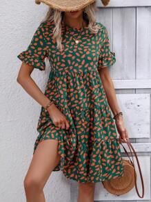 SHEIN LUNE 滿版印花荷葉袖荷葉邊娃娃裙 - 綠色 - 查看 5