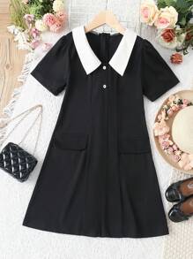 SHEIN cô gái mười hai Cổ áo tương phản Chi tiết về Flap Ống tay áo Đầm - màu đen - Xem 1