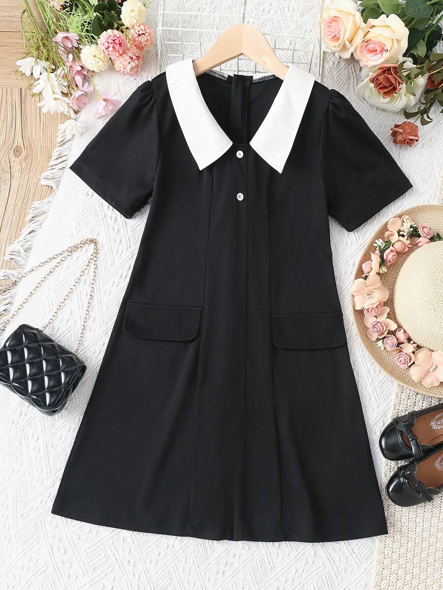 SHEIN cô gái mười hai Cổ áo tương phản Chi tiết về Flap Ống tay áo Đầm - màu đen - Xem 1