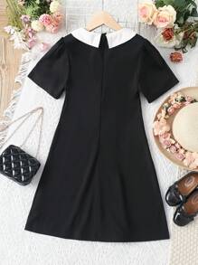 SHEIN cô gái mười hai Cổ áo tương phản Chi tiết về Flap Ống tay áo Đầm - màu đen - Xem 2