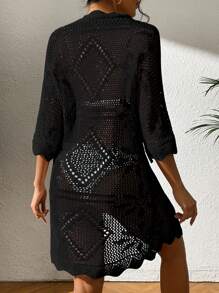 Hollow Out Dolman Sleeve Open Knit Kimono - Black - View 2